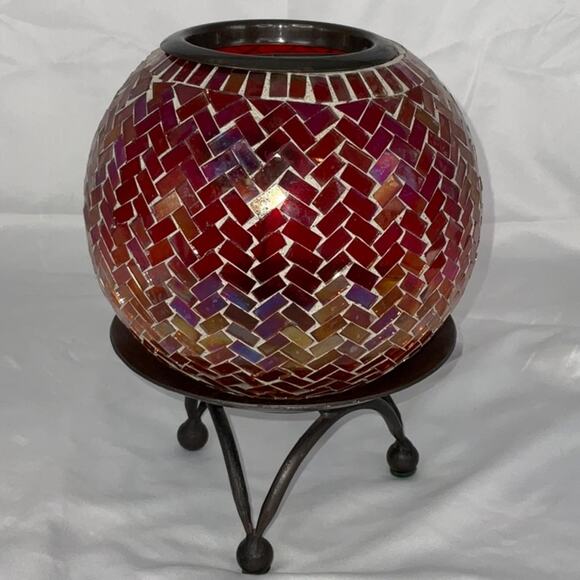 VTG RED AMBER ORANGE MOSAIC GLASS TEALIGHT CANDLE HOLDER WROUGHT IRON STAND - Picture 2 of 8